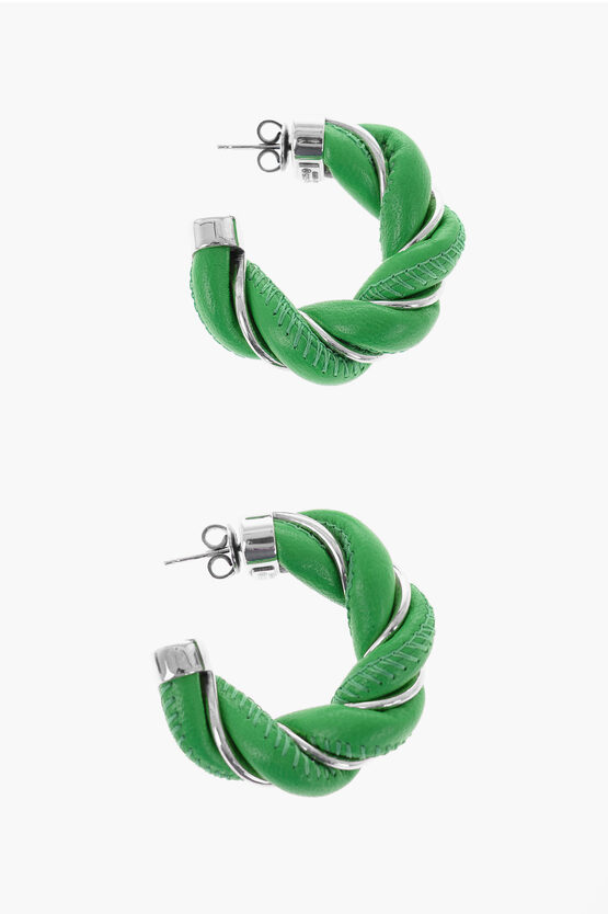 Bottega Veneta Braided Soft Leather And Silver Hoop Earrings In Green