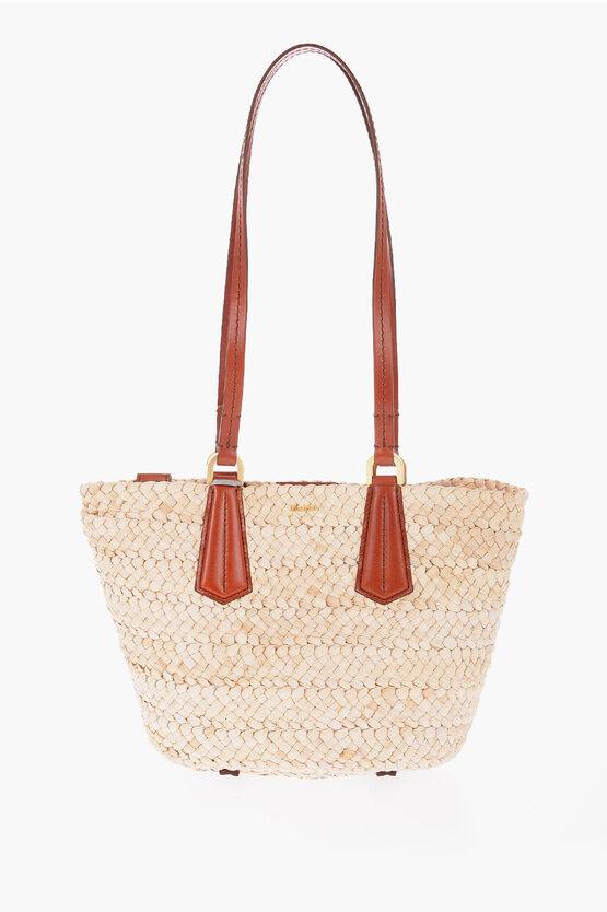 Max Mara Braided Straw Panierm Tote Bag With Double Handle In Brown