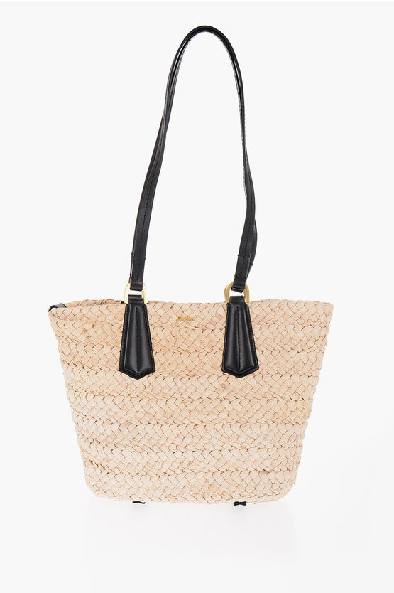 Max Mara Braided Straw Panierm Tote Bag With Double Handle In Neutral