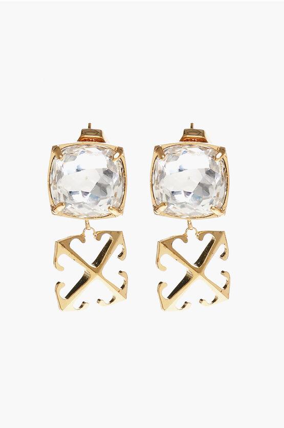 Off-white Brass Earrings With Golden Pendant And Crystal