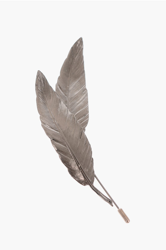 Corneliani Brass Feather Shaped Brooch In Metallic