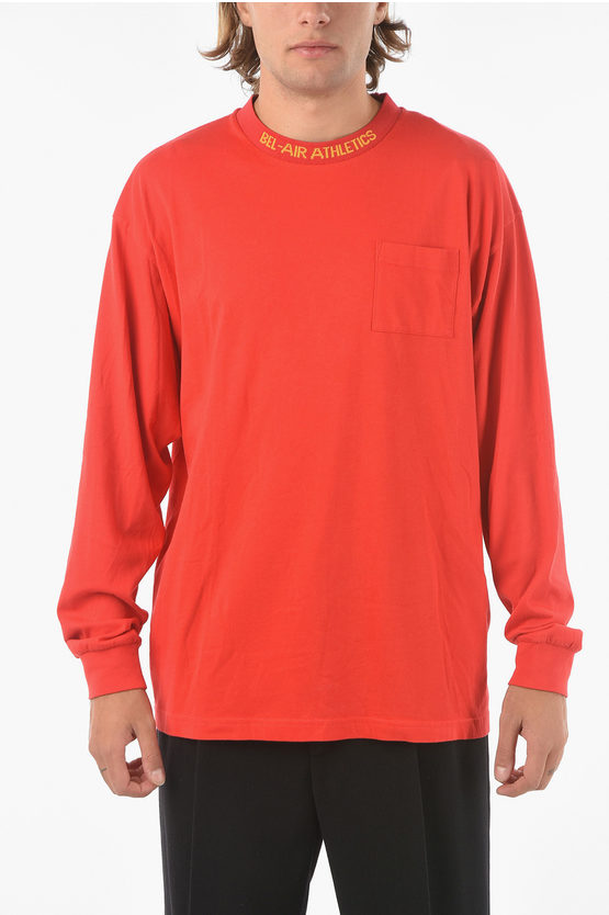 Bel-air Athletics Breast Pocket Long Sleeve Academy Crest Crew-neck T-shirt In Red