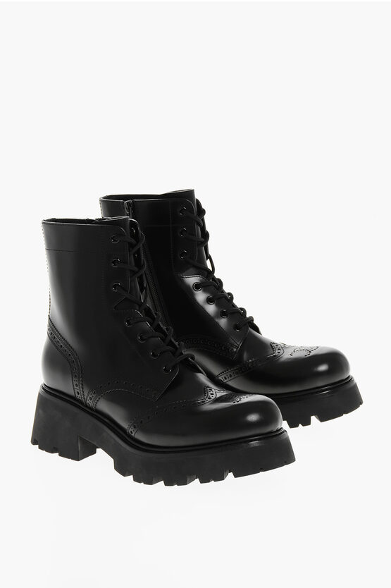 Celine Brogue Leather Triomphe Rangers Combat Booties With Carrion In Black