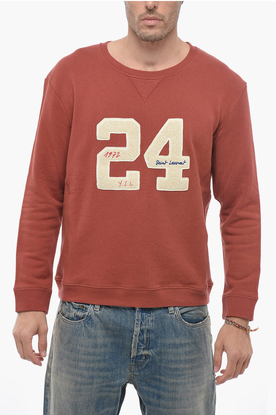 Saint Laurent Brushed Cotton 24 Sweatshirt With Flocked Application In Red