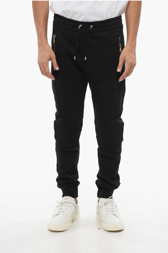 Balmain Brushed Cotton Biker Joggers With Embossed Logo In Black