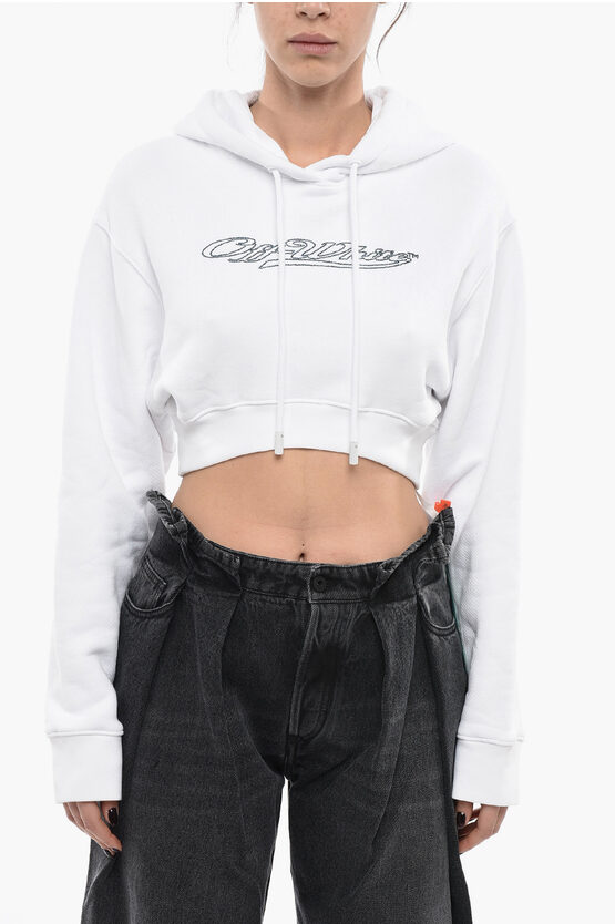 Off-white Brushed Cotton Bling Hoodie With Rhinestoned Logo In White