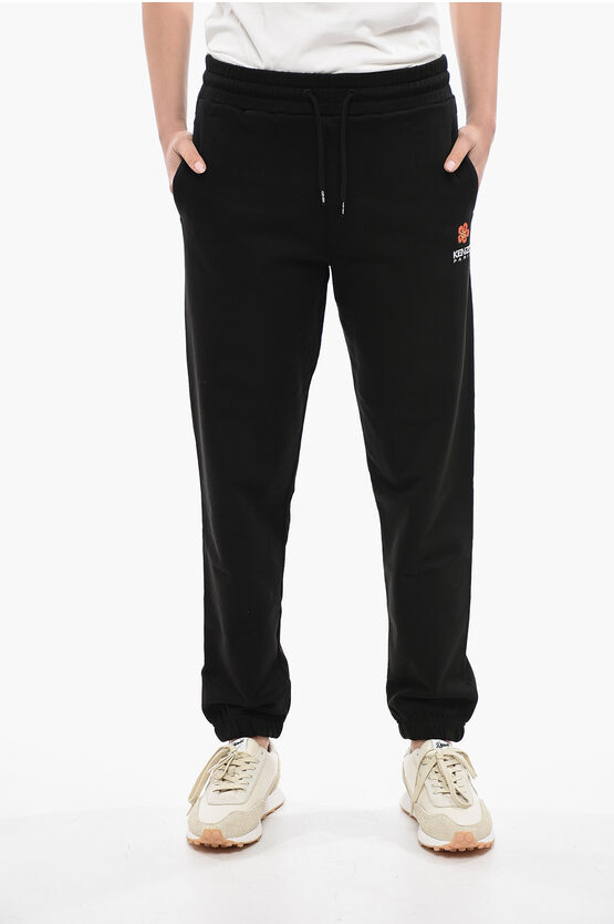 Shop Kenzo Brushed Cotton Crest Logo Sweatpants With Cuffs
