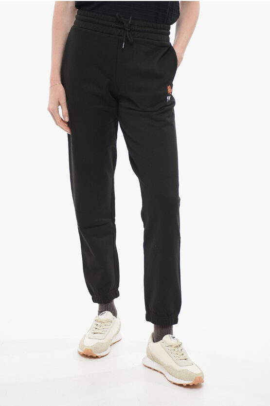 Shop Kenzo Brushed Cotton Crest Logo Sweatpants With Cuffs