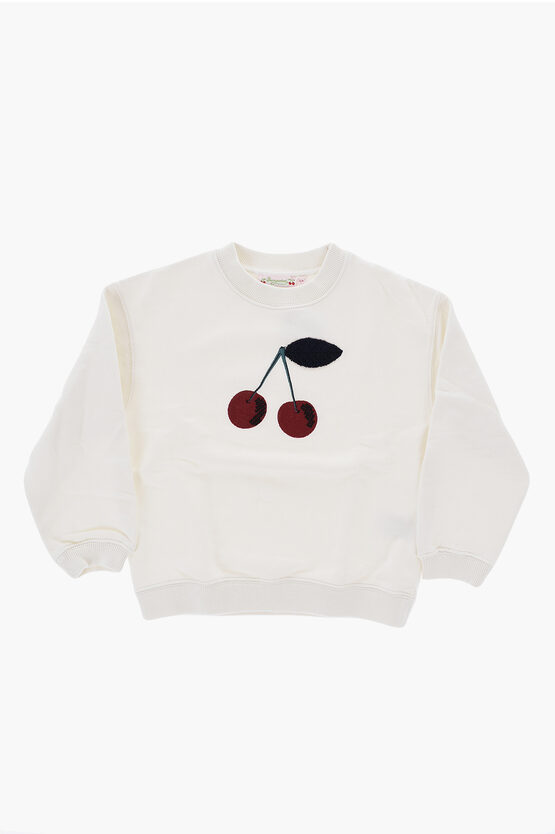 Bonpoint Brushed Cotton Crew-neck Sweatshirt With Cherry Embroidery In White