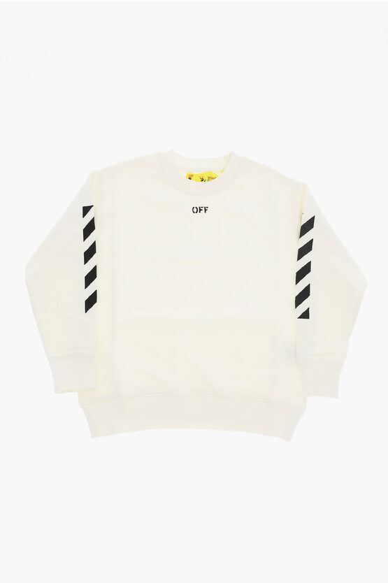 Off-white Brushed Cotton Crew-neck Sweatshirt With Contrasting Details In White