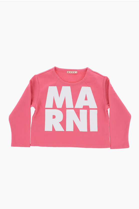 Marni Brushed Cotton Crew-neck Sweatshirt With Glittery Logo In Pink