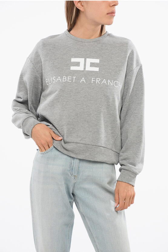 Elisabetta Franchi Brushed Cotton Crew Neck Sweatshirt With Printed Logo In Gray