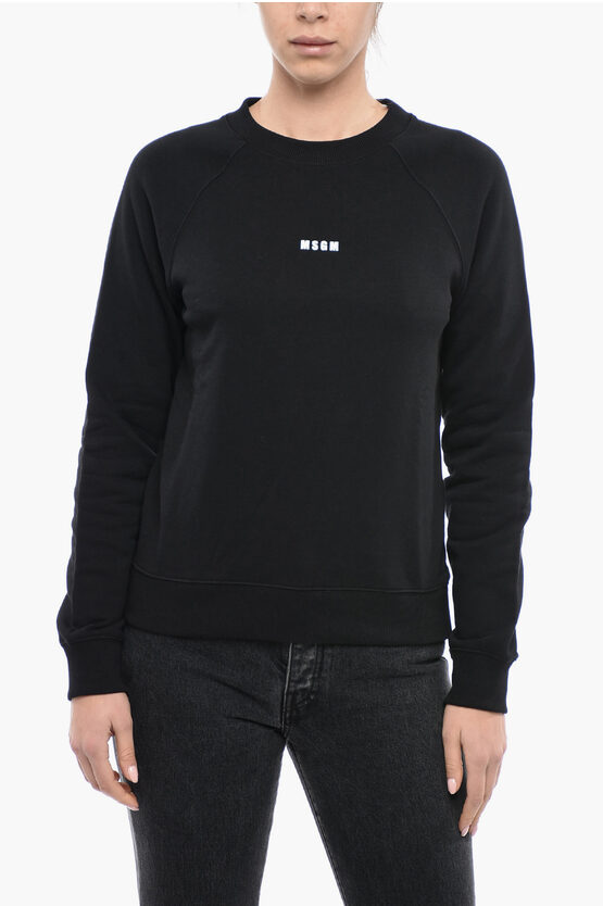 Msgm Brushed Cotton Crewneck Sweater With Logo Print In Black