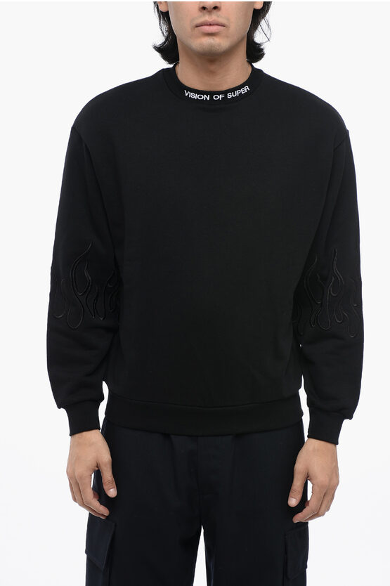 Shop Vision Of Super Brushed Cotton Crewneck Sweatshirt With Embroidered Flames