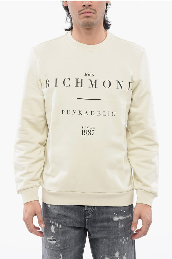 John Richmond Brushed Cotton Crewneck Sweatshirt With Logo Print