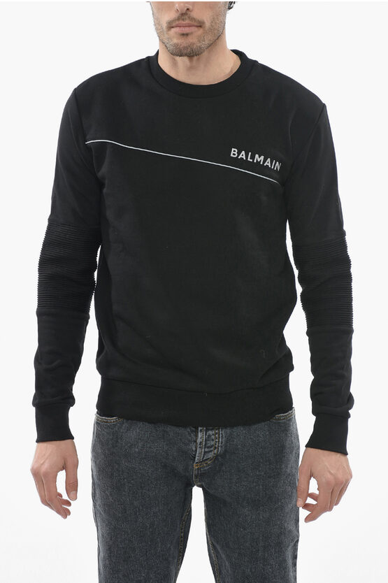 Shop Balmain Brushed Cotton Crewneck Sweatshirt With Reflective Logo Prin