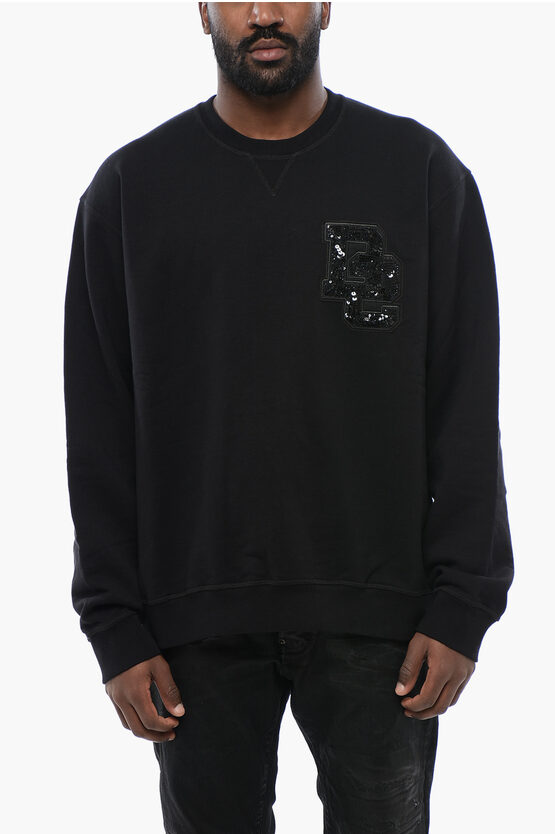 DSQUARED2 BRUSHED COTTON CREWNECK SWEATSHIRT WITH SEQUINED LOGO