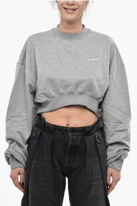 Off-white Brushed Cotton Cropped For All Crewneck Sweatshirt In Grey