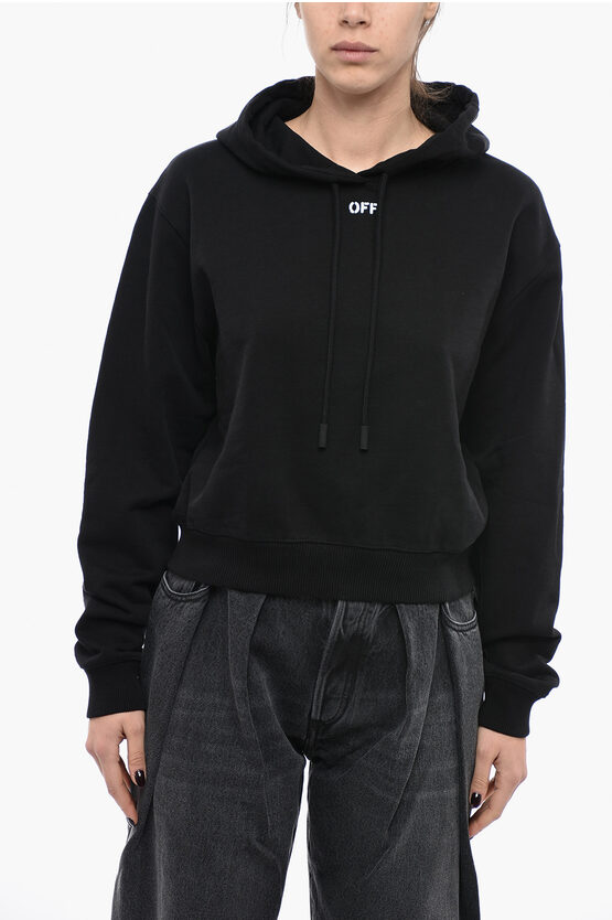 Off-white Brushed Cotton Cropped Stamp Hoodie In Black