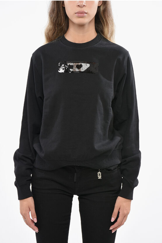 Diesel Brushed Cotton F-reggy Crew-neck Sweatshirt With Sequined De In Black