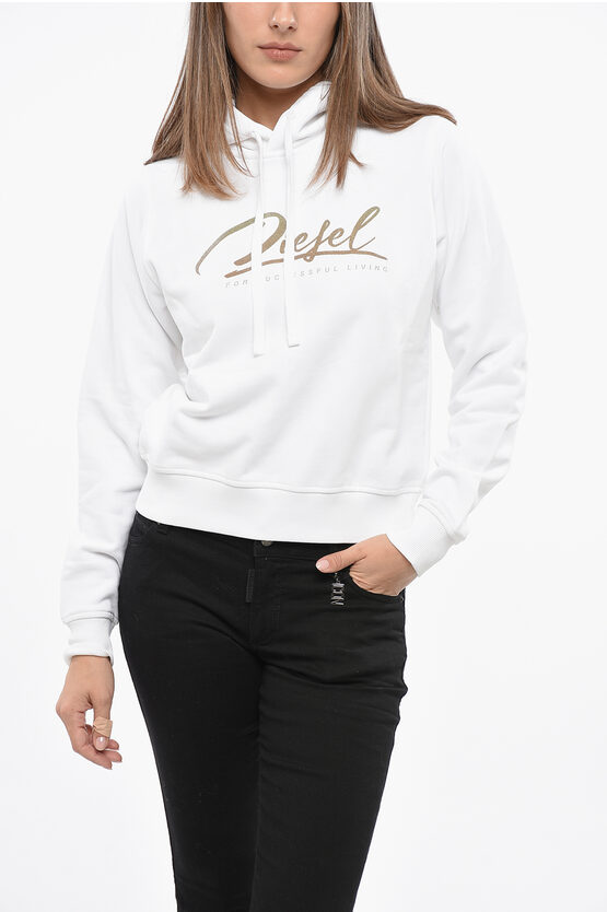 Diesel Brushed Cotton F-reggy Hoodie With Golden Logo In White