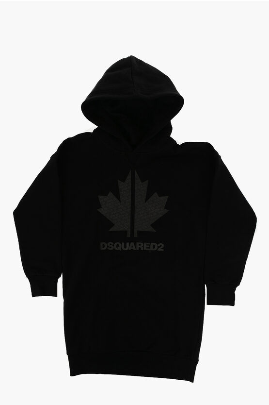 Dsquared2 Brushed Cotton Hoodie Dress With Printed Logo In Black