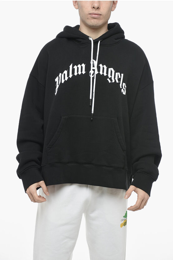 Palm Angels Brushed Cotton Hoodie Sweatshirt With Logo Print In Black
