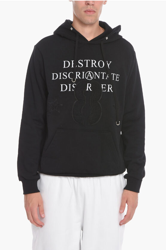 John Richmond Brushed Cotton Hoodie With Front Print And Patches Detail In Black