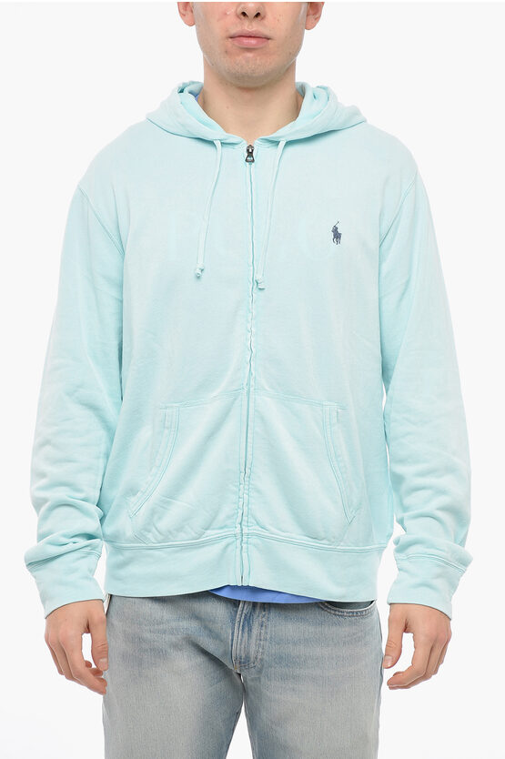 Polo Ralph Lauren Brushed Cotton Hoodie With Front Zip In Blue