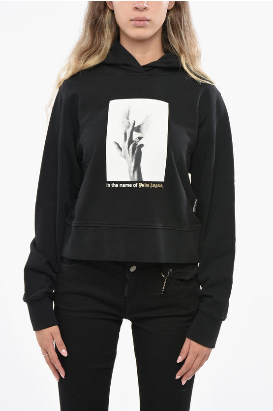 Palm Angels Brushed Cotton Hoodie With Frontal Print In Black