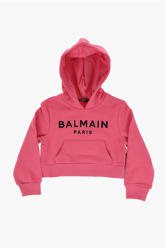 BALMAIN BRUSHED COTTON HOODIE WITH LOGO PRINT 