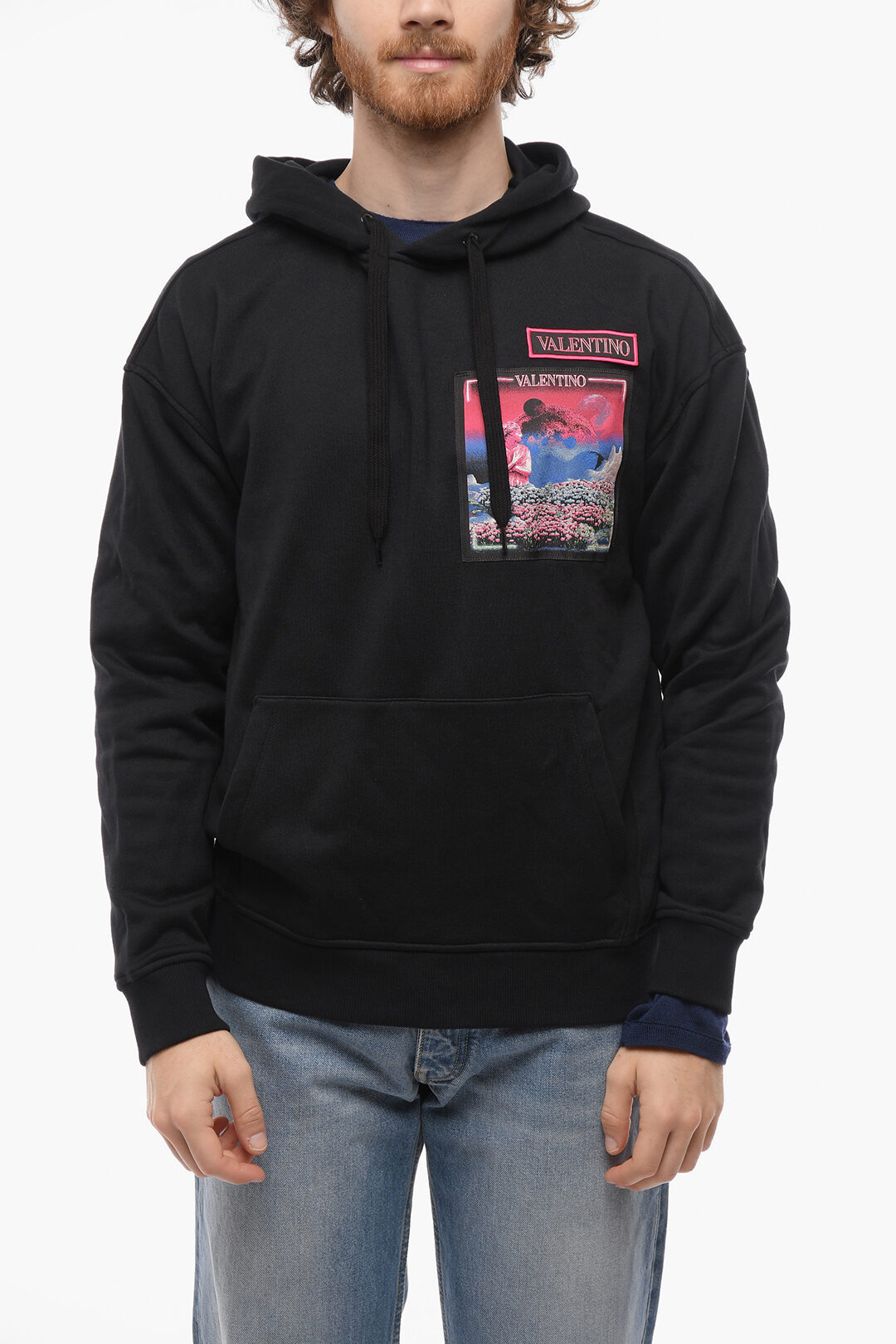 0401~Contrasting Printed Brushed Cotton Hoodie main image 0