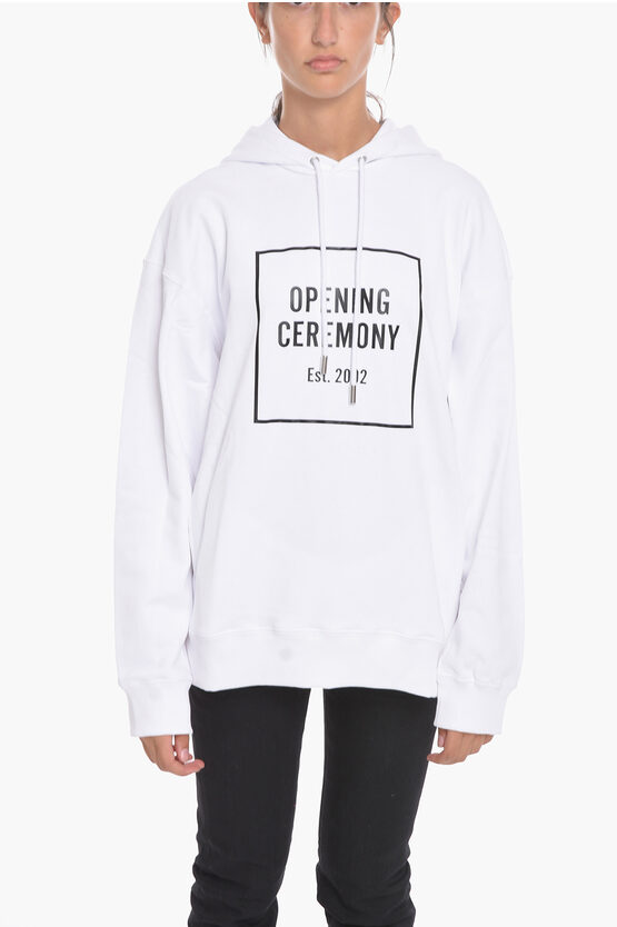 Opening Ceremony Brushed Cotton Hoodie With Printed Contrasting Logo In White