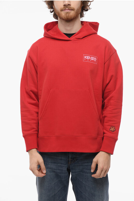 Kenzo Brushed Cotton Hoodie With Printed Logo In Red