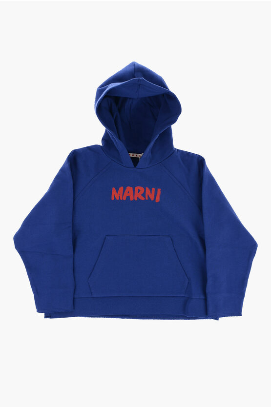 Marni Brushed Cotton Hoodie With Printed Logo In Blue