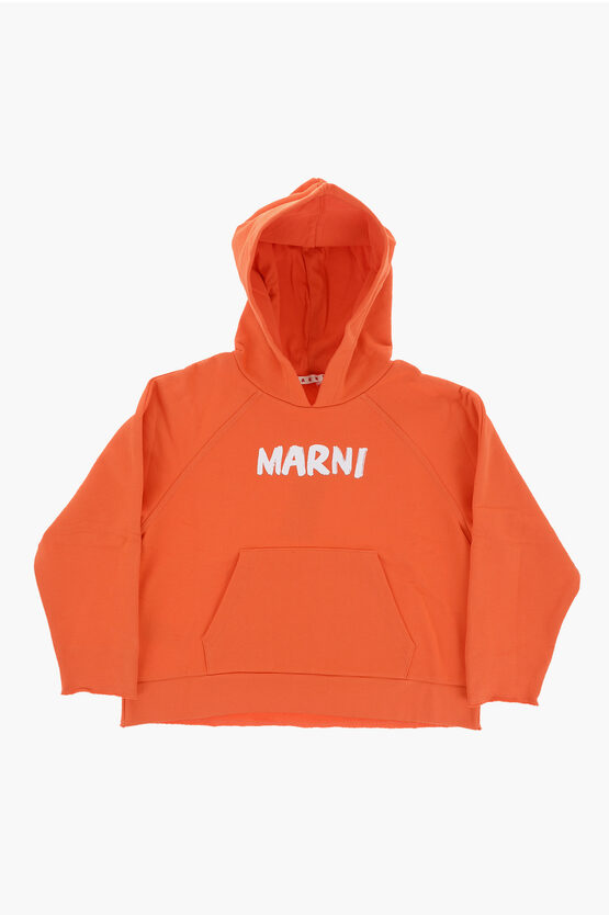 Marni Brushed Cotton Hoodie With Printed Logo In Orange