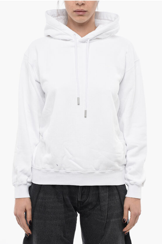 Off-white Brushed Cotton Hoodie With Tone On Tone Print In White