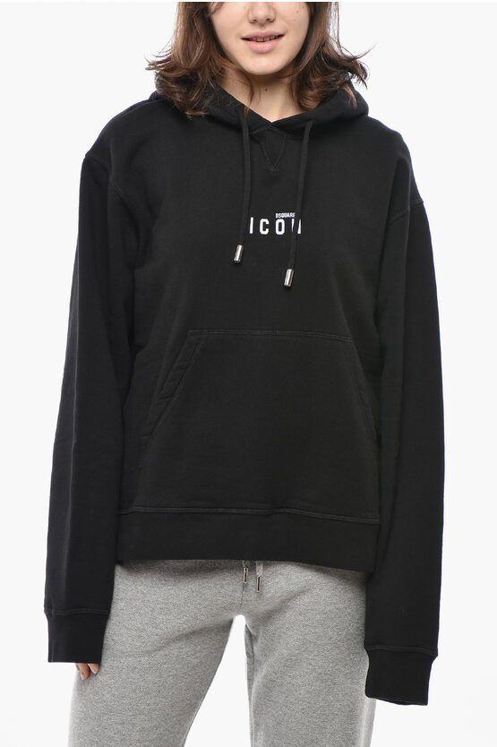 Dsquared2 Brushed Cotton Icon Hoodie With Maxi Pocket In Black