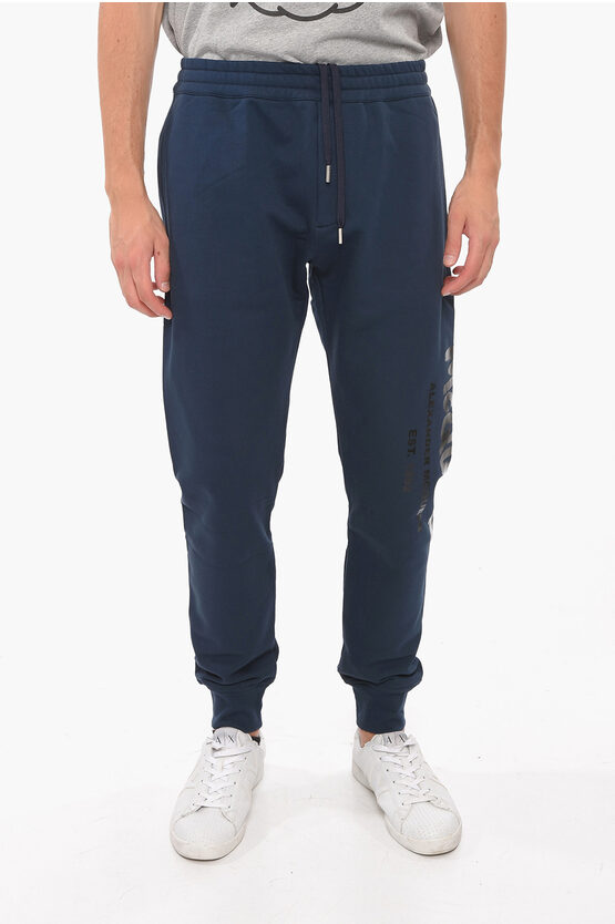 Alexander Mcqueen Brushed-cotton Joggers With Logo Print In Blue