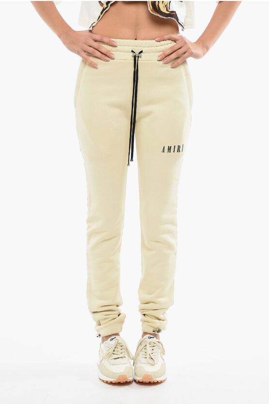 Amiri Brushed Cotton Joggers With Printed Logo And Drawstrings In Neutral