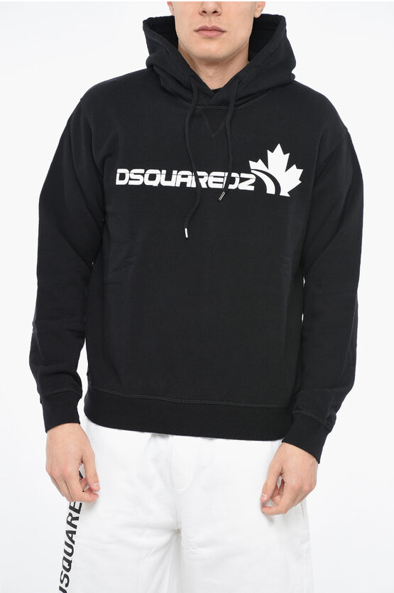 Dsquared2 Brushed Cotton Leaf Hoodie In Black