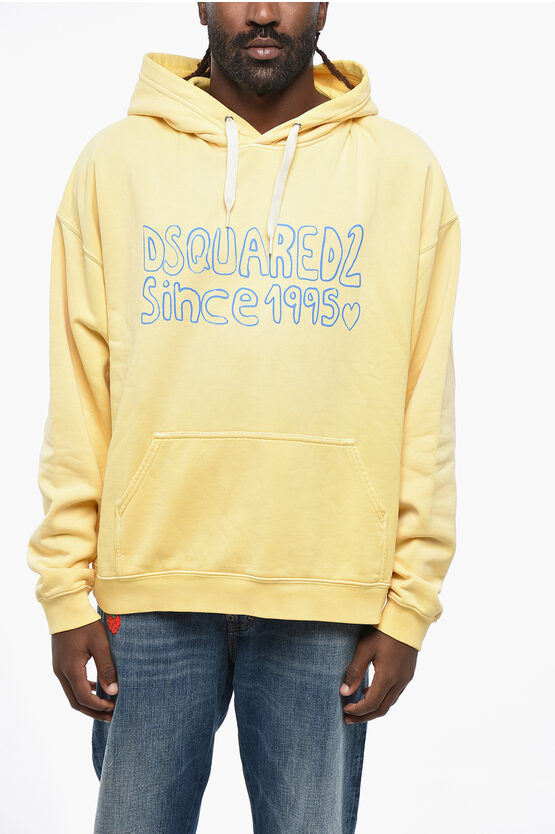 Dsquared2 Brushed Cotton Muscle Fit Hoodie With Printed Logo In Yellow