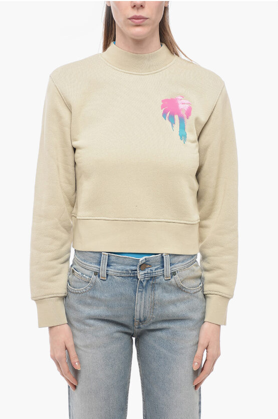 Palm Angels Brushed Cotton Printed Cropped Crewneck Sweatshirt In Yellow