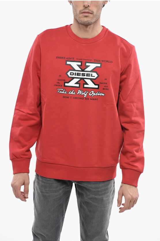Diesel Brushed Cotton S-ginn-k25 Crew-neck Sweatshirt With Front Pr In Red