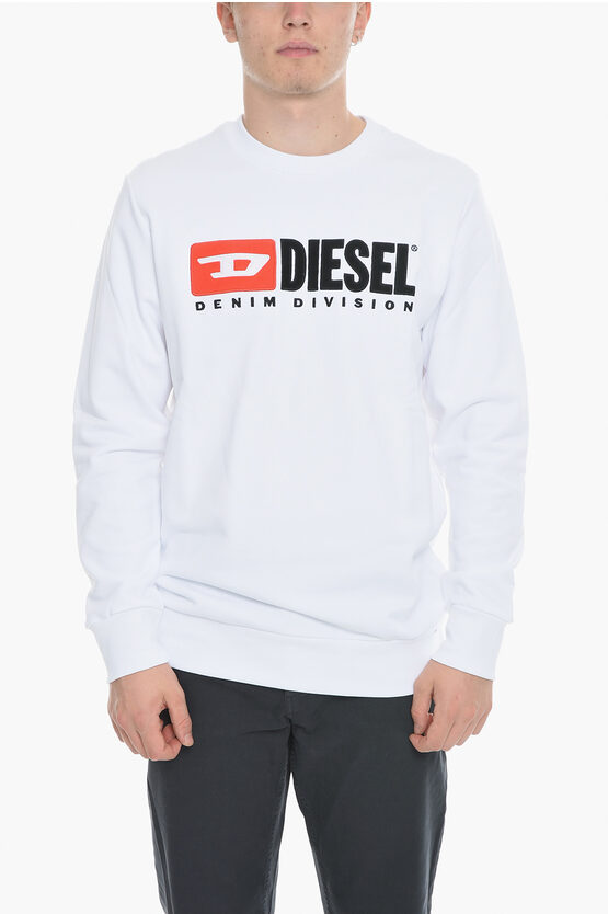 Diesel Brushed Cotton S-gir-division Crew-neck Sweatshirt With Embr In White