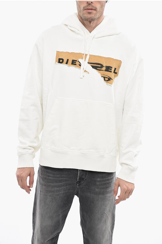 Diesel Brushed Cotton S-macs Hoodie With Vintage Effect Logo In White
