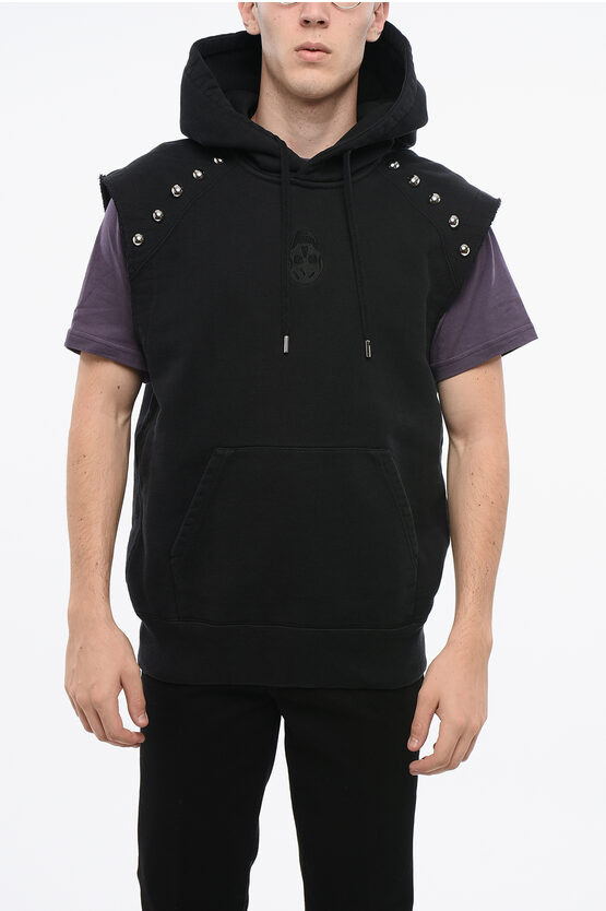 Alexander Mcqueen Brushed Cotton Sleeveless Hoodie With Studs In Black