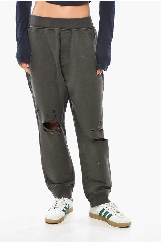 Dsquared2 Brushed Cotton Sweatpants With Distressed Detail In Gray
