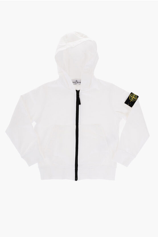 Stone Island Brushed Cotton Sweatshirt With Hood And Zip Closure In White