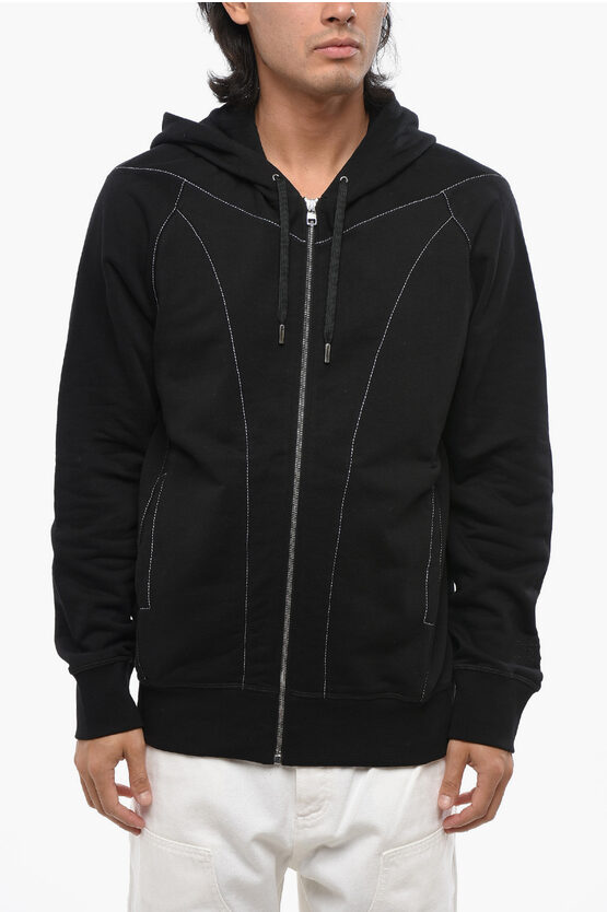 Alexander Mcqueen Brushed Cotton Sweatshirt With Visible Stitching And Zip Clo In Black